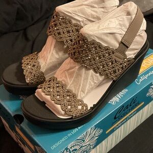 Elegant Taupe Beaded Wedge Sandals with Luxe Foam